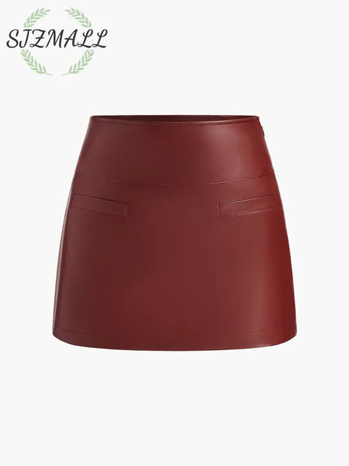 A-Line Faux Leather Mini Skirt - Burgundy / XS