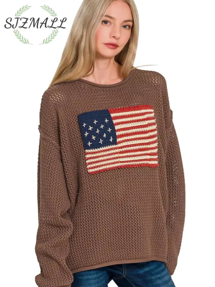 American Flag Crew Neck Sweater - BROWN / S