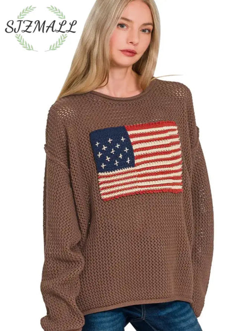American Flag Crew Neck Sweater - BROWN / S