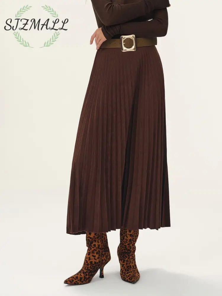 Belted Suede Effect Pleated Midi Skirt