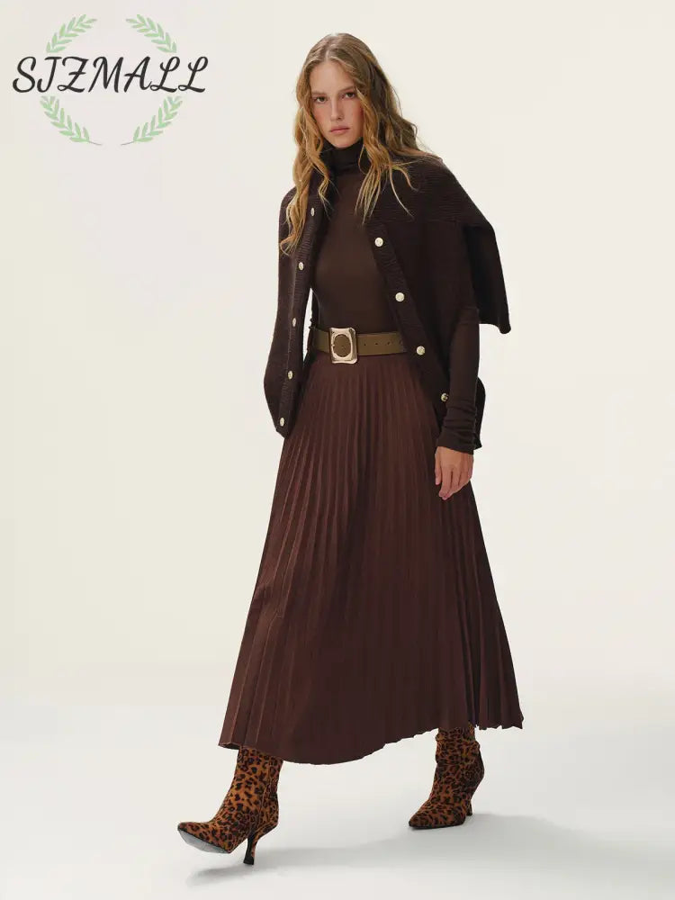 Belted Suede Effect Pleated Midi Skirt