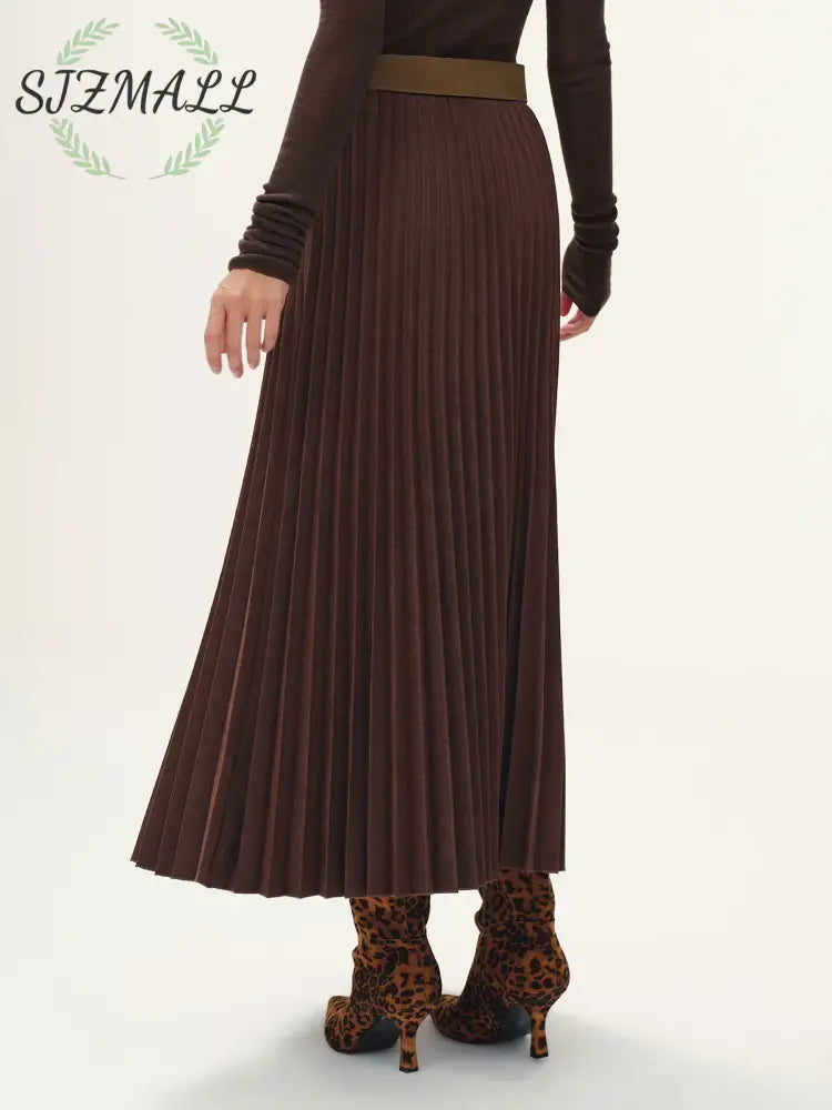 Belted Suede Effect Pleated Midi Skirt