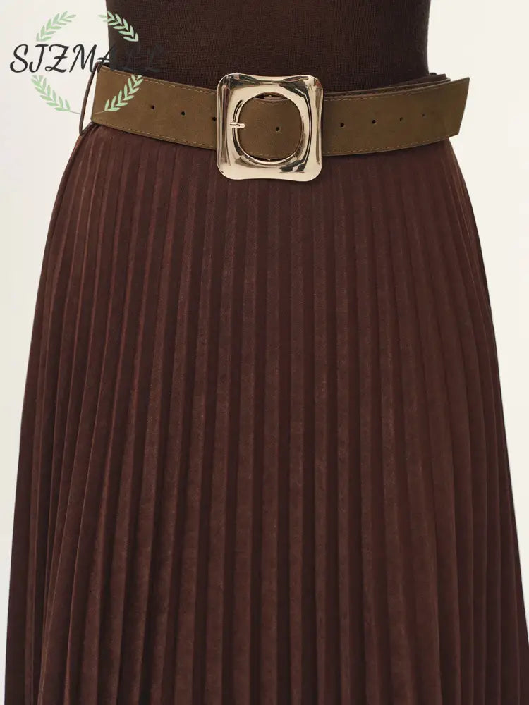 Belted Suede Effect Pleated Midi Skirt