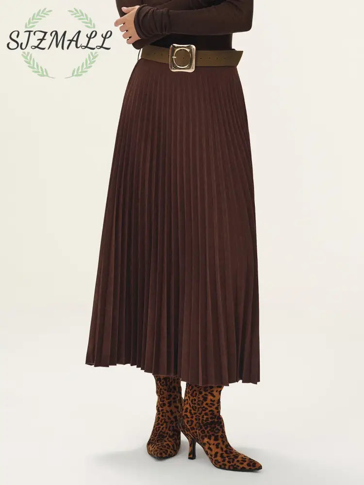 Belted Suede Effect Pleated Midi Skirt