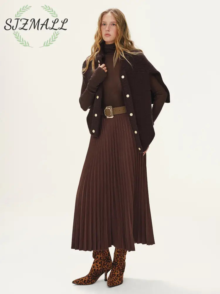 Belted Suede Effect Pleated Midi Skirt - Dark Brown / XS