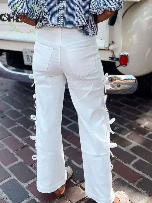 Bow-Accented Wide-Leg Pants