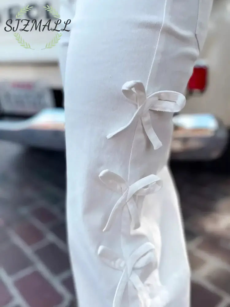 Bow-Accented Wide-Leg Pants