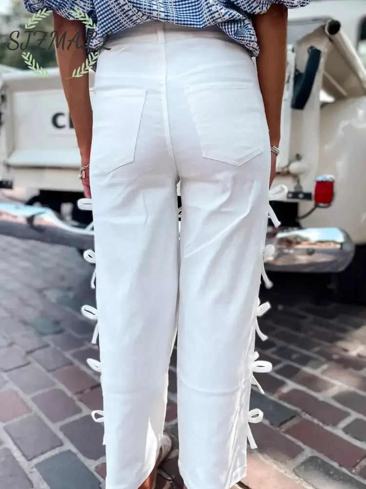 Bow-Accented Wide-Leg Pants