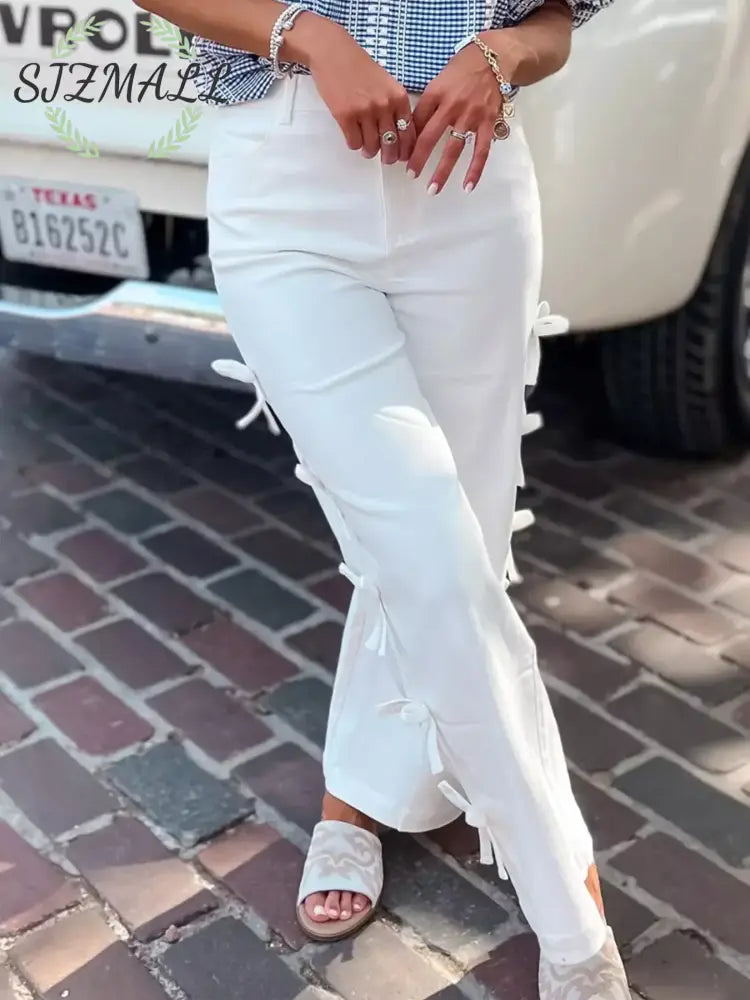 Bow-Accented Wide-Leg Pants