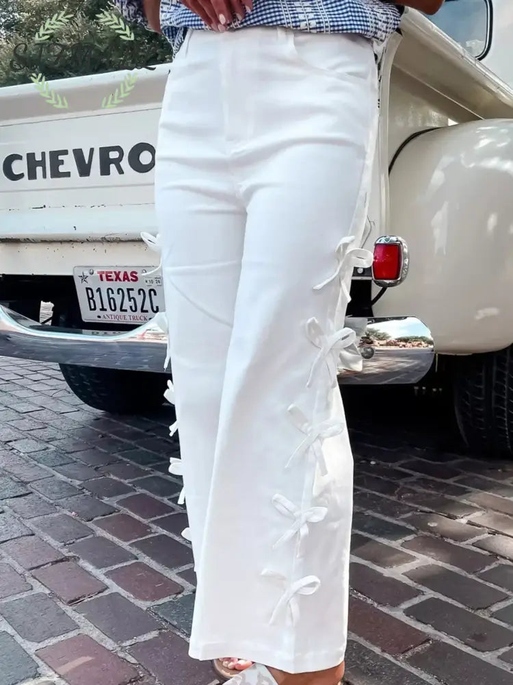 Bow-Accented Wide-Leg Pants - White / 4