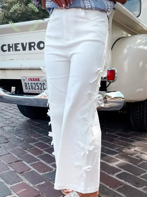 Bow-Accented Wide-Leg Pants - White / 4