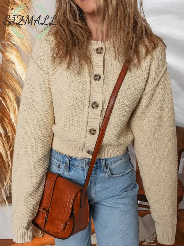 Button Front Cropped Cardigan - Beige / S