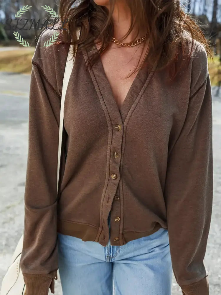 Button Front V Neck Casual Cardigan