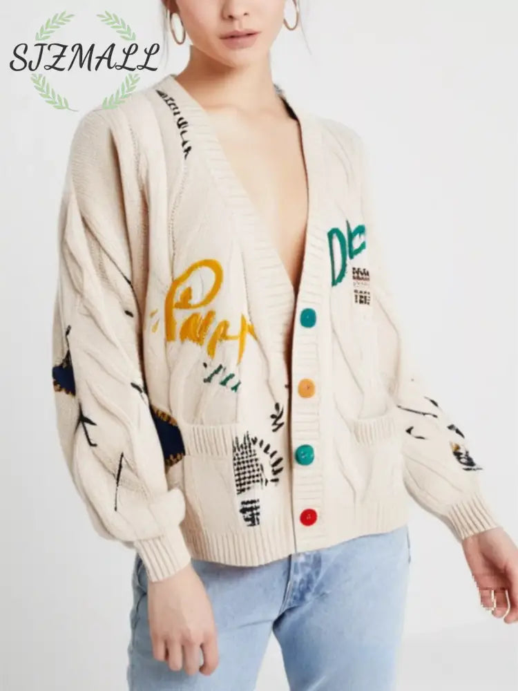 Cable Knit Button Up Cardigan - Beige / One Size