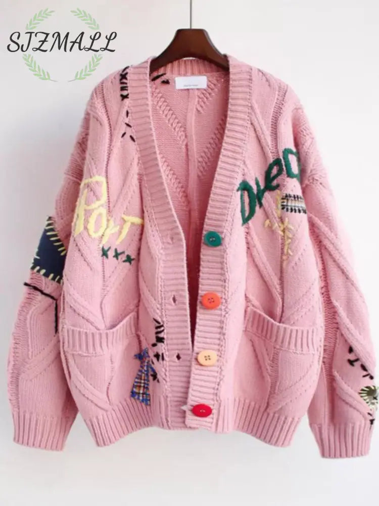 Cable Knit Button Up Cardigan - Dusty Pink / One Size