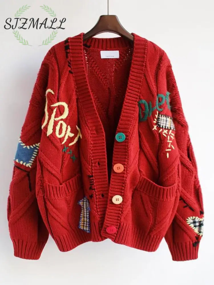 Cable Knit Button Up Cardigan - Scarlet / One Size