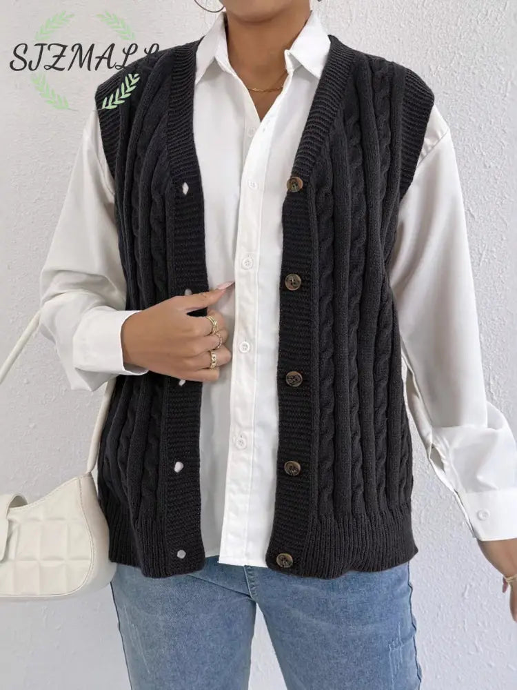 Cable-Knit Button-Up Sweater Vest