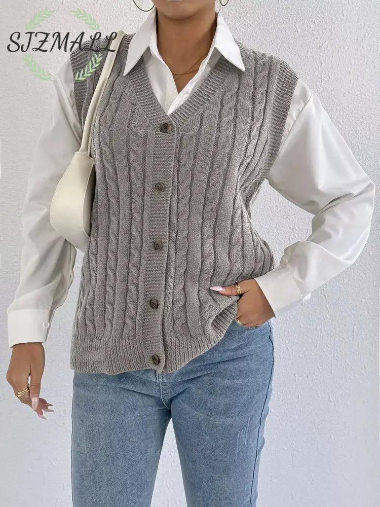 Cable-Knit Button-Up Sweater Vest