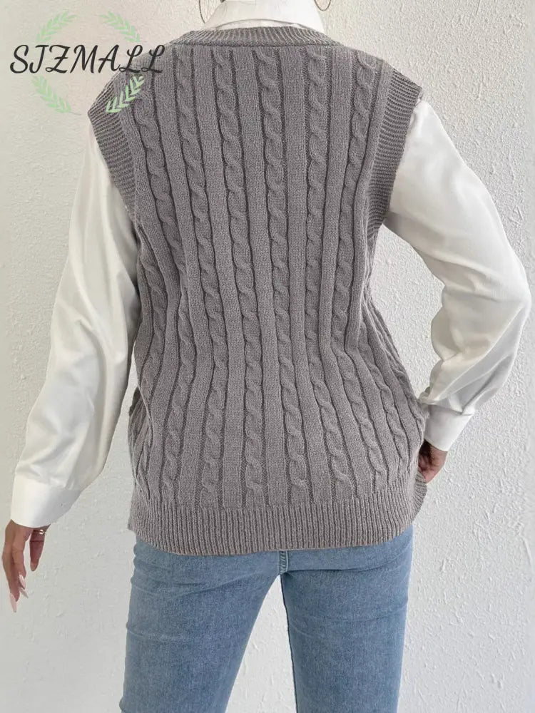 Cable-Knit Button-Up Sweater Vest