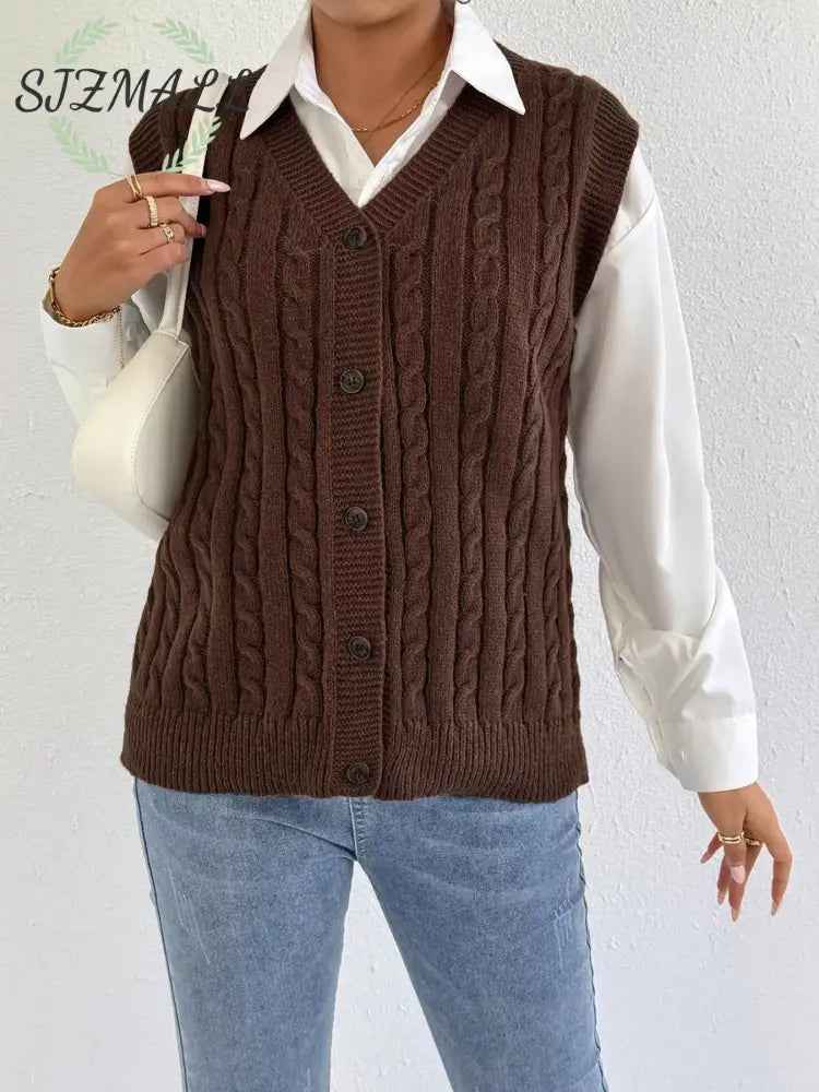 Cable-Knit Button-Up Sweater Vest