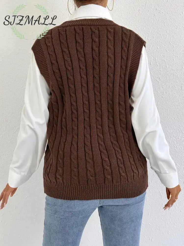 Cable-Knit Button-Up Sweater Vest