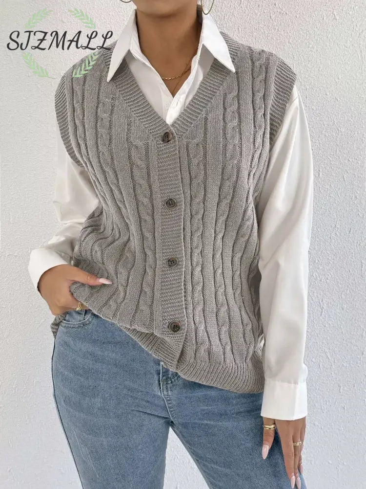 Cable-Knit Button-Up Sweater Vest