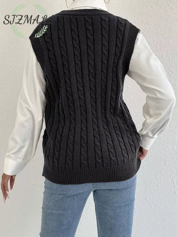 Cable-Knit Button-Up Sweater Vest