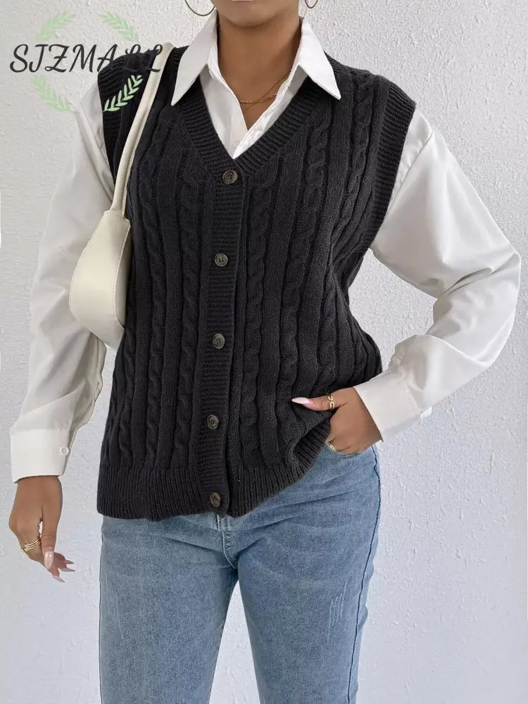 Cable-Knit Button-Up Sweater Vest