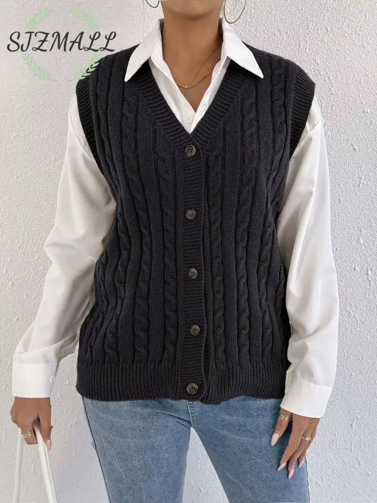 Cable-Knit Button-Up Sweater Vest