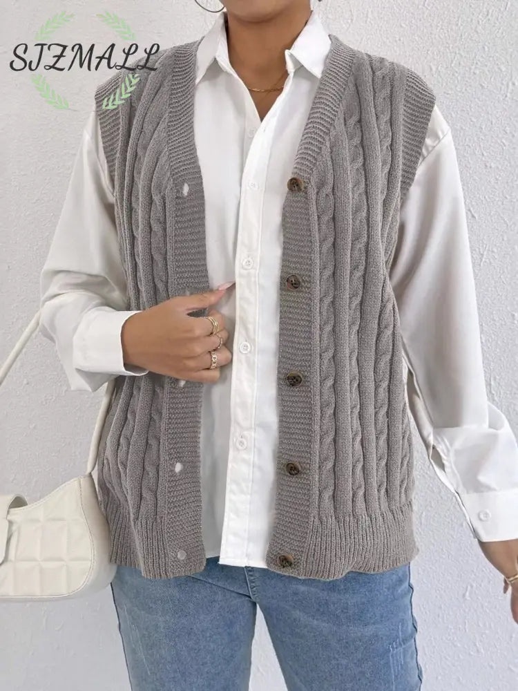 Cable-Knit Button-Up Sweater Vest