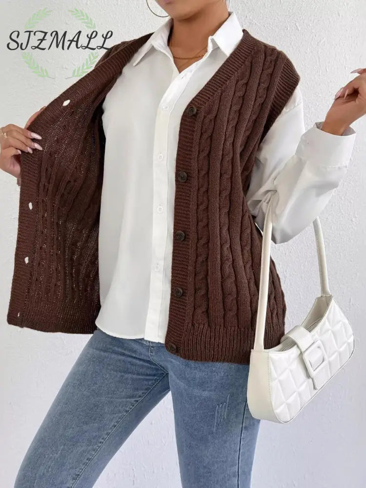Cable-Knit Button-Up Sweater Vest