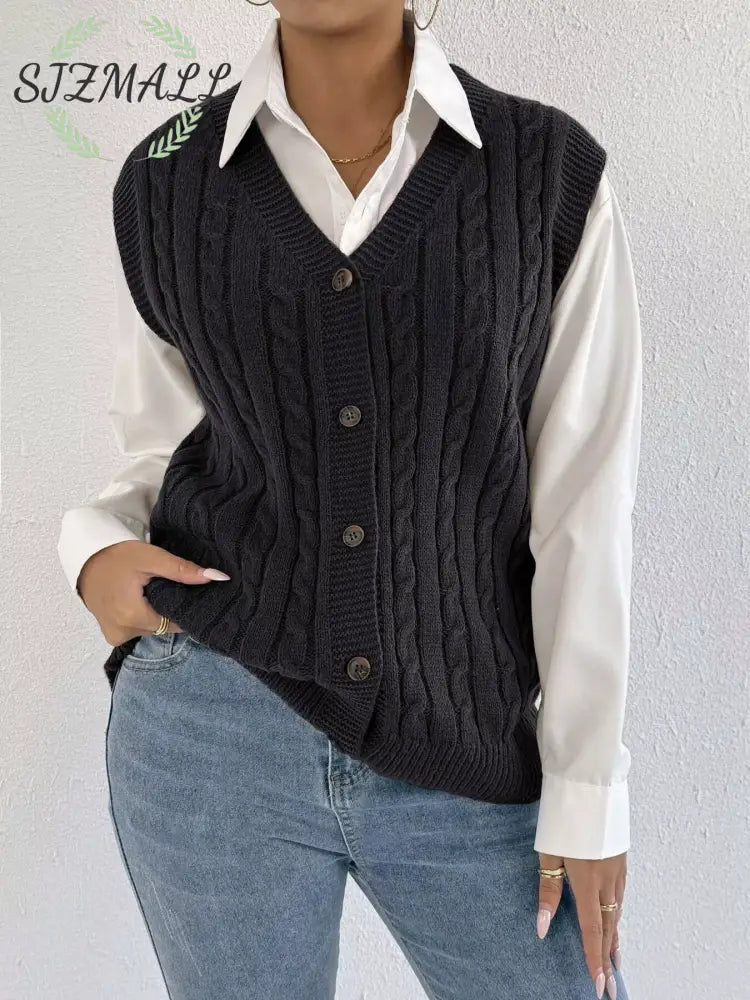 Cable-Knit Button-Up Sweater Vest - Black / One Size