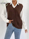 Cable-Knit Button-Up Sweater Vest - Brown / One Size