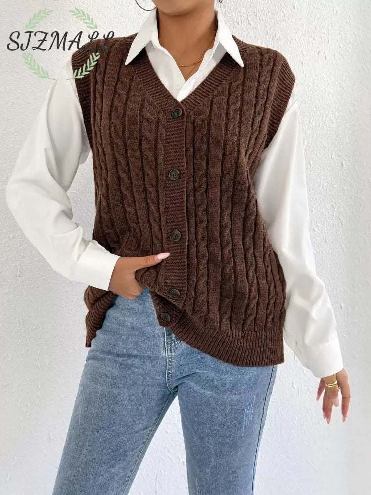 Cable-Knit Button-Up Sweater Vest - Brown / One Size