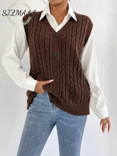 Cable-Knit Button-Up Sweater Vest - Brown / One Size