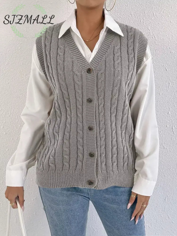 Cable-Knit Button-Up Sweater Vest - Gray / One Size