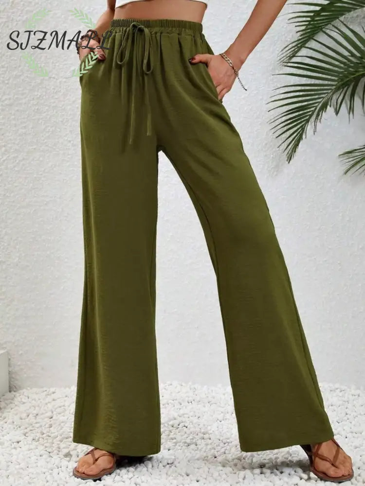 Casual Drawstring Wide Leg Pants