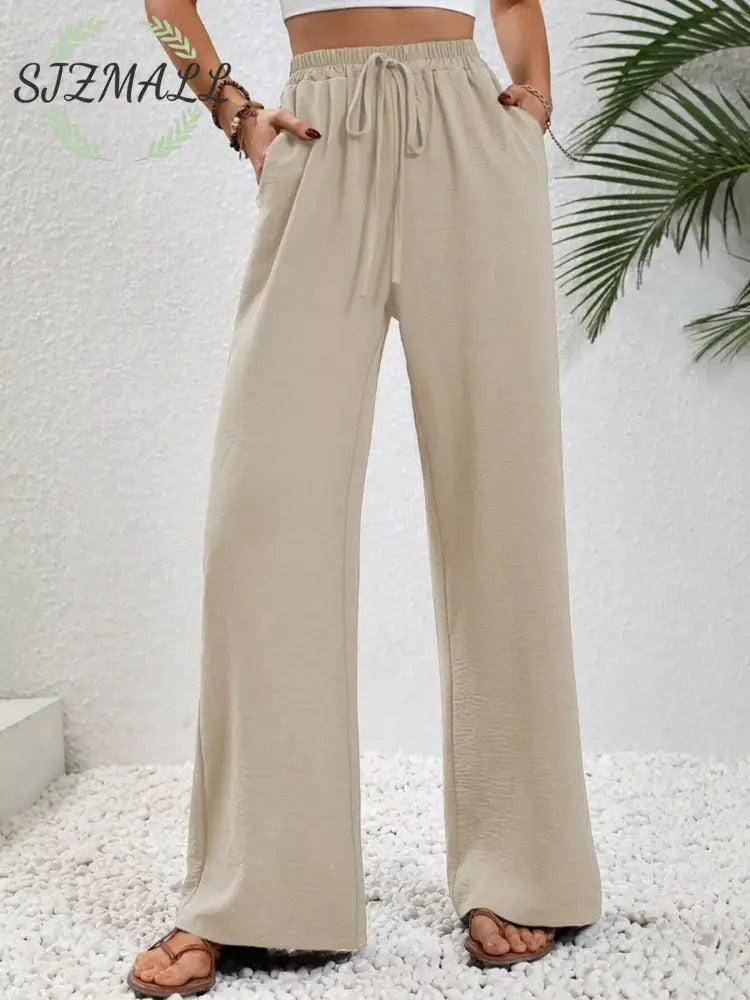 Casual Drawstring Wide Leg Pants - Apricot / S