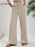 Casual Drawstring Wide Leg Pants - Apricot / S