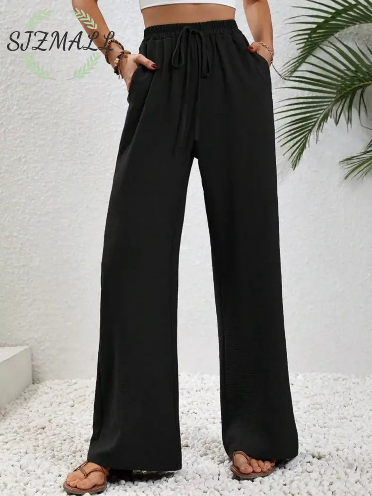 Casual Drawstring Wide Leg Pants - Black / S