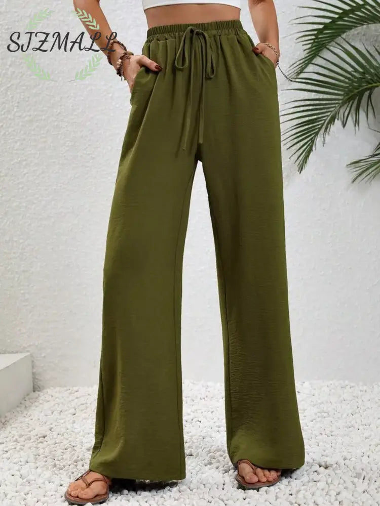 Casual Drawstring Wide Leg Pants - Green / S