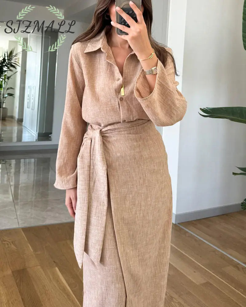 Casual Lapel Shirt & Lace-Up Two-Piece Overskirt Set