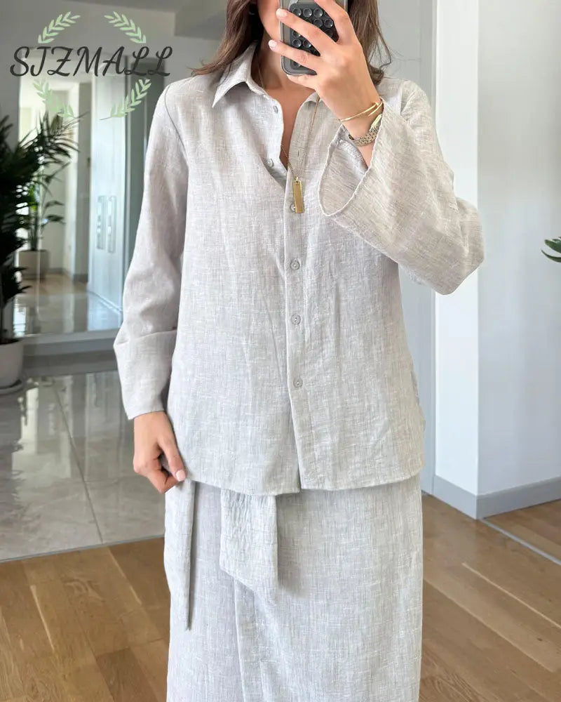 Casual Lapel Shirt & Lace-Up Two-Piece Overskirt Set
