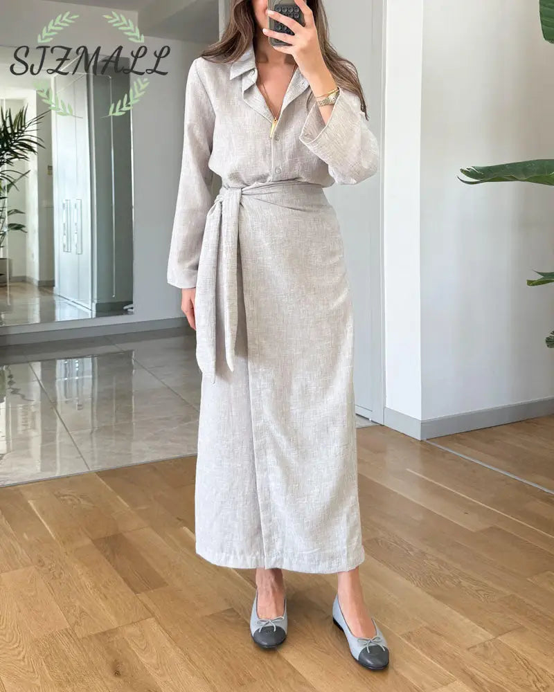 Casual Lapel Shirt & Lace-Up Two-Piece Overskirt Set