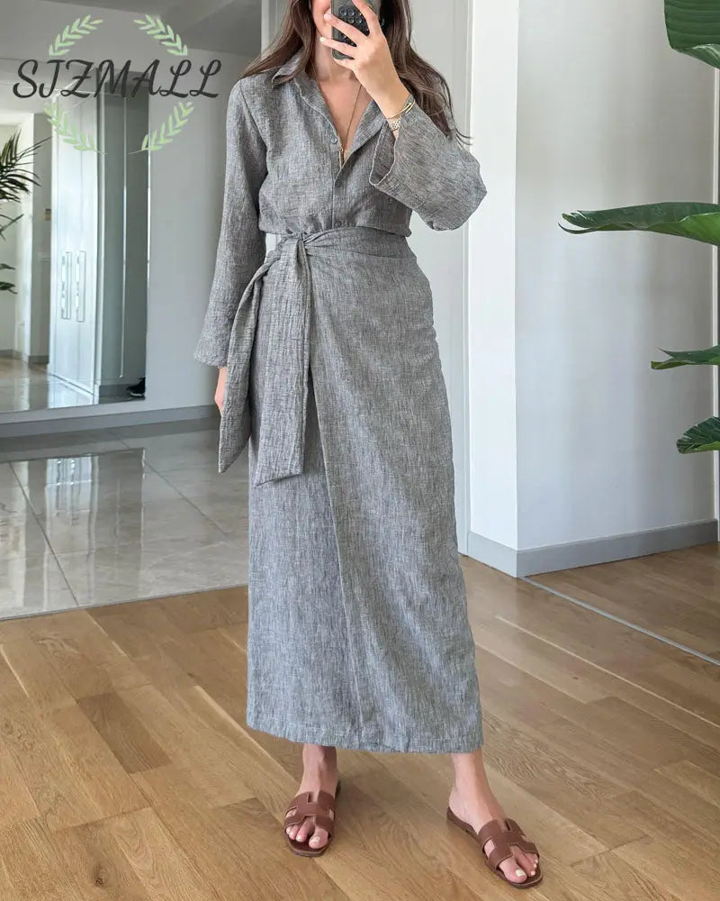 Casual Lapel Shirt & Lace-Up Two-Piece Overskirt Set - Gray / XS
