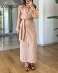 Casual Lapel Shirt & Lace-Up Two-Piece Overskirt Set - Khaki / XS