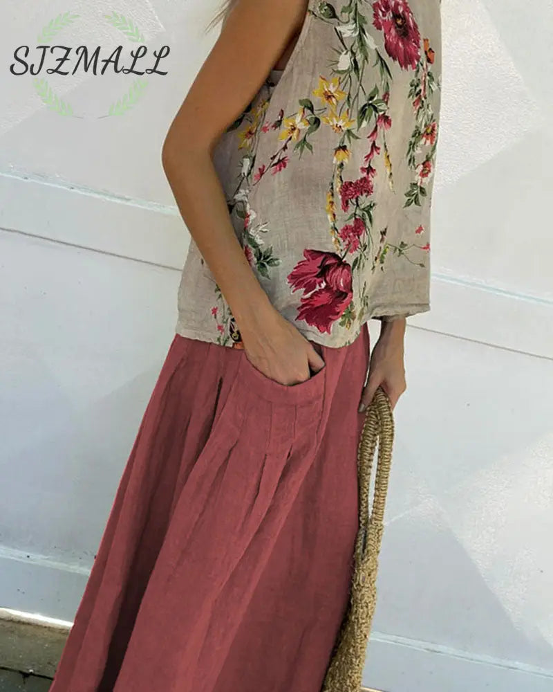 Casual Printed Tank Top & Skirt Cotton Linen Two-piece Set