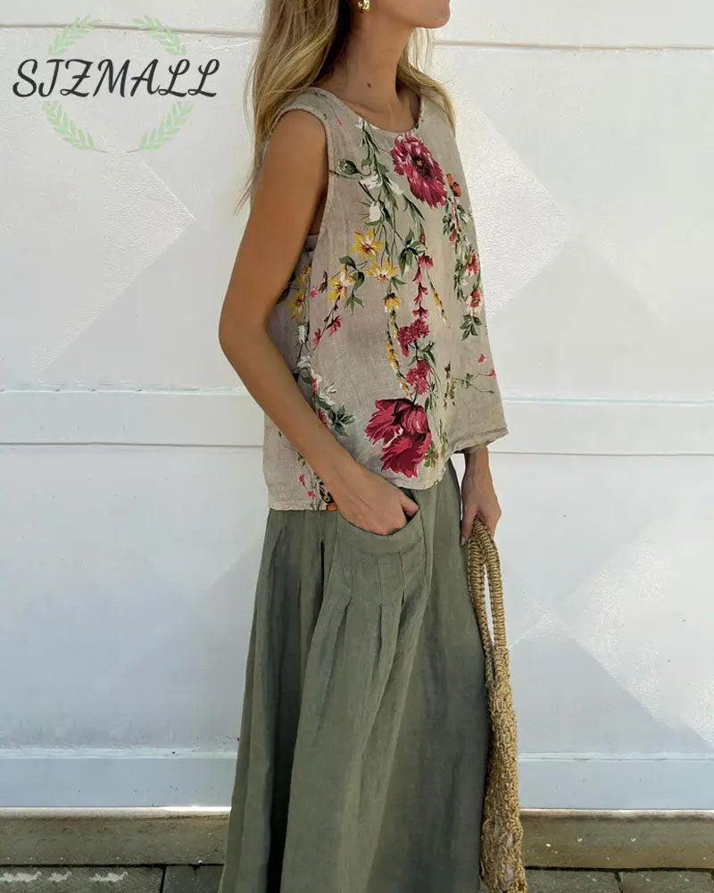 Casual Printed Tank Top & Skirt Cotton Linen Two-piece Set