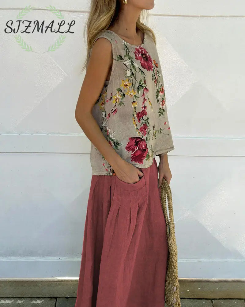 Casual Printed Tank Top & Skirt Cotton Linen Two-piece Set - Red / S