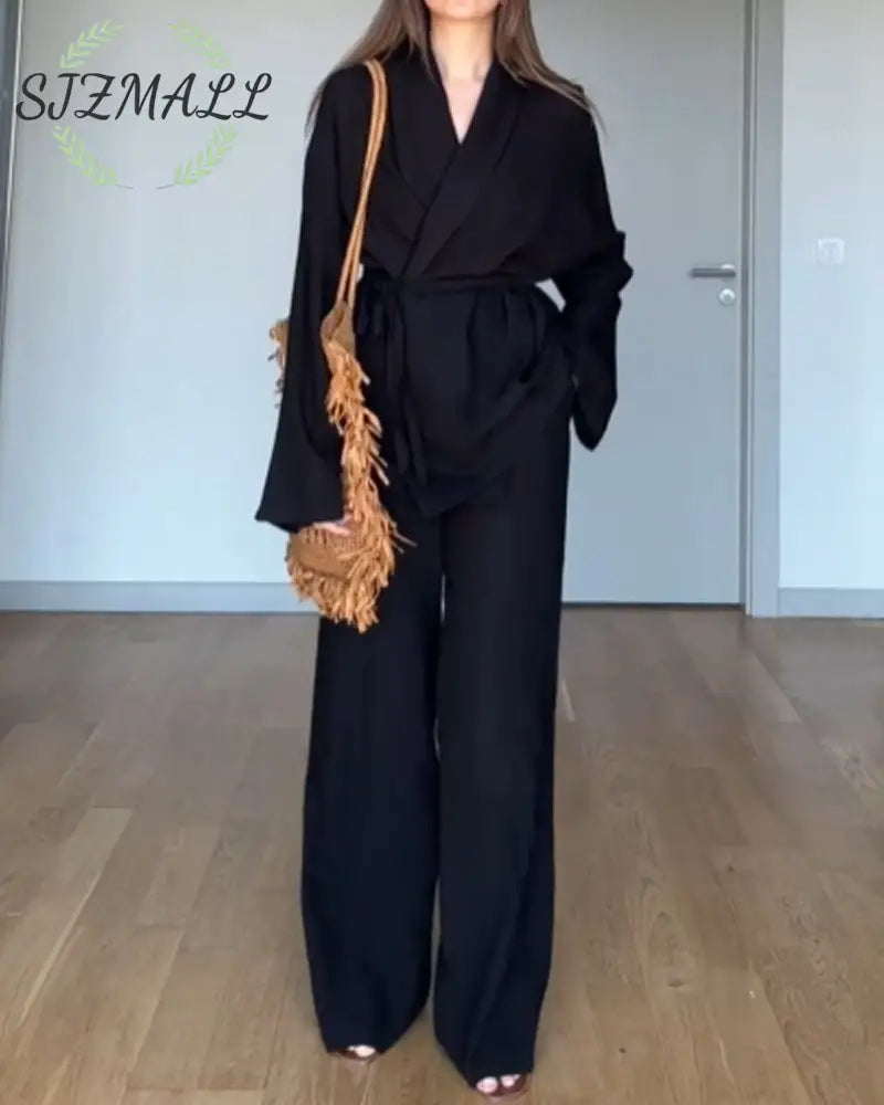 Casual Solid Color Lappel Top & Pants Two-Piece Set